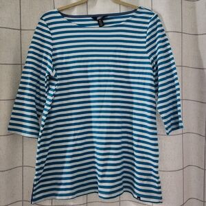 Lands' End Pima Cotton Boat Neck 3/4 Sleeve Blue and White Striped Tee.